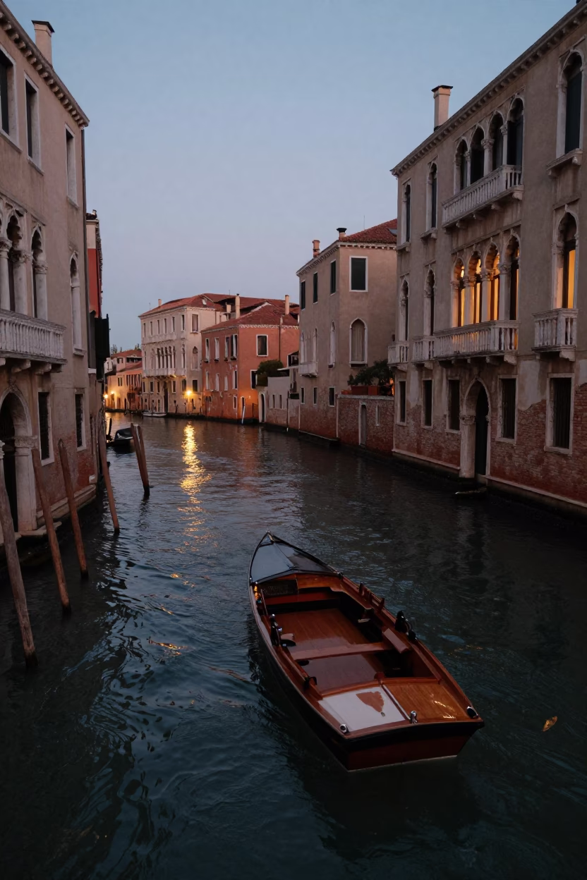 Canal Evening in Venice at As City Lights Begin To Glow in in Venice, Italy