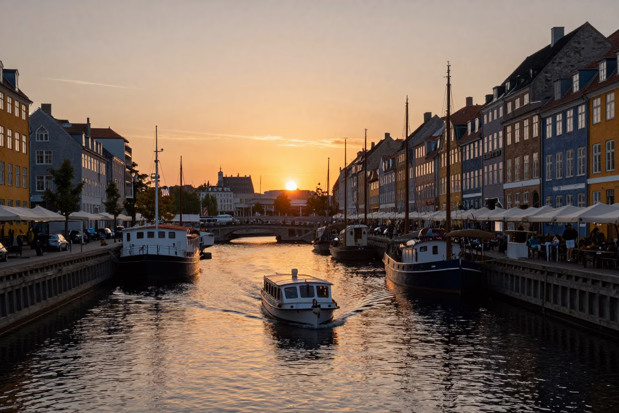 Canal Houseboats in Copenhagen at As The Sun Drops Toward The Horizon in in Copenhagen, Denmark