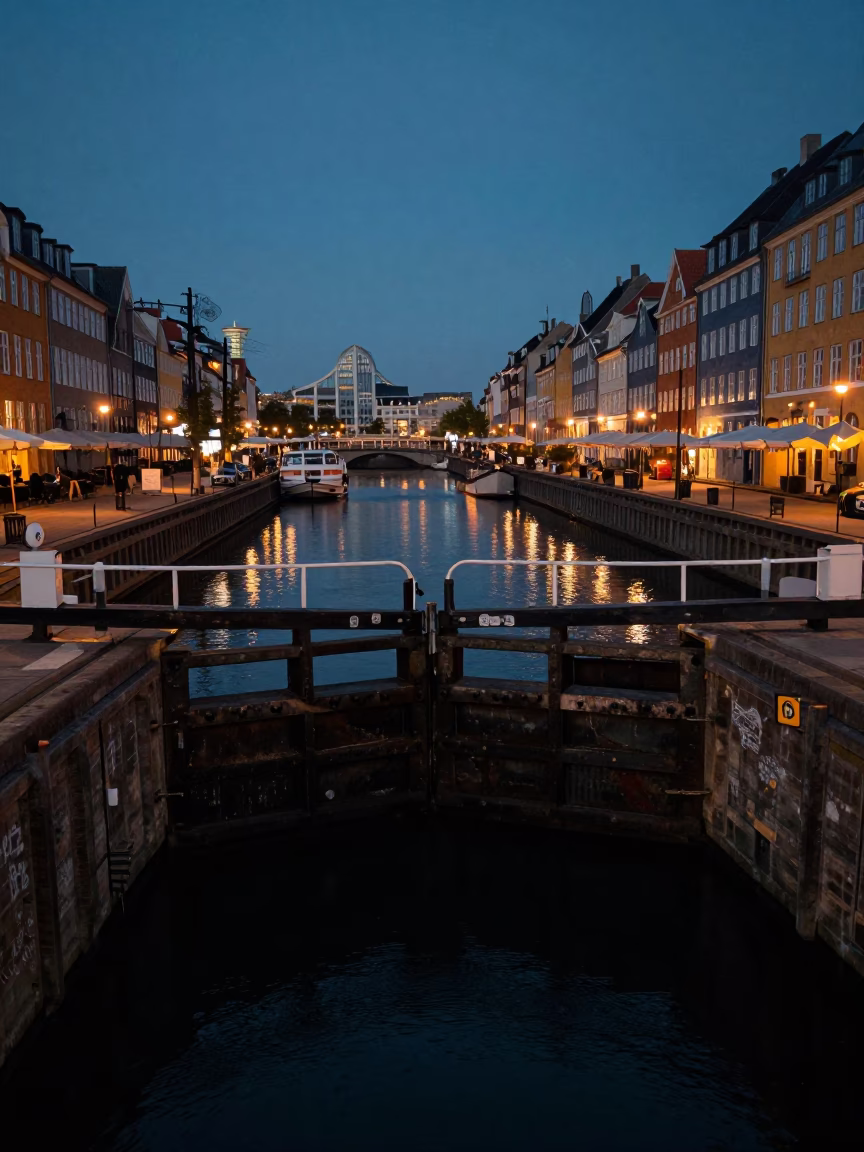 Canal Lock at The Predawn Darkness Light in Copenhagen in in Copenhagen, Denmark