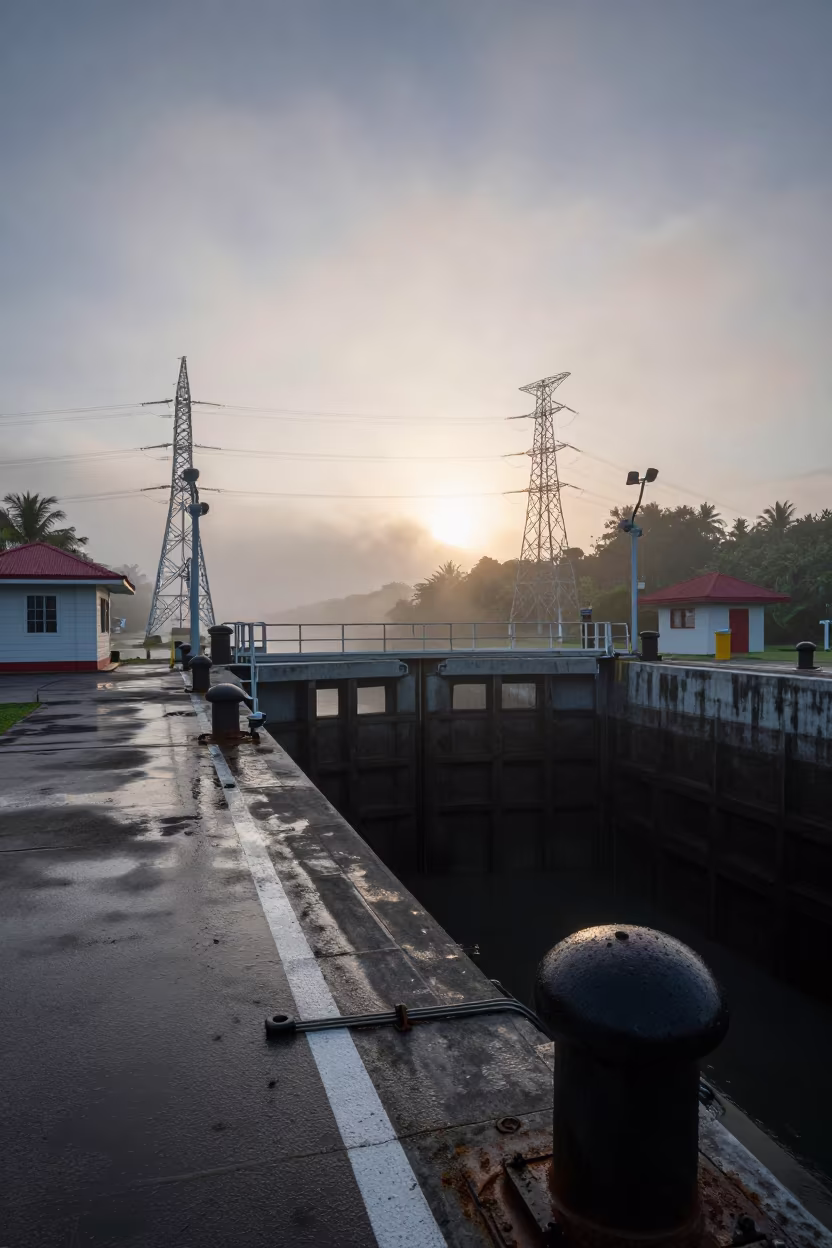 Canal Lock Chamber Under Dawn Mist Philippines in beneath transmission towers in Philippines
