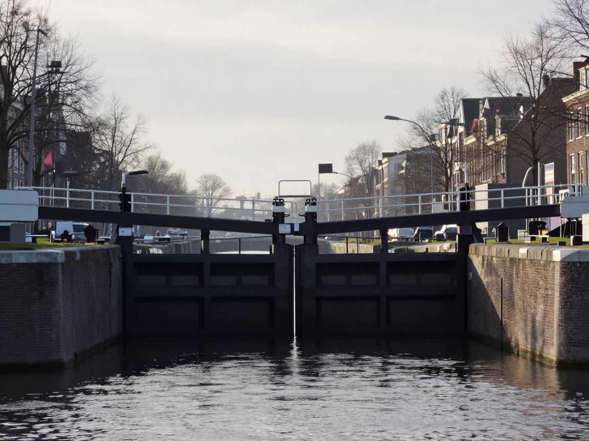 Canal Lock Gate Closing in Amsterdam in in Amsterdam, Netherlands