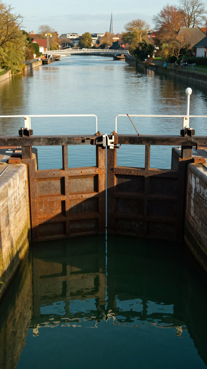 Canal Lock Gate Closing on Still Green Water in Bristol Late Afternoon in in Bristol, United Kingdom