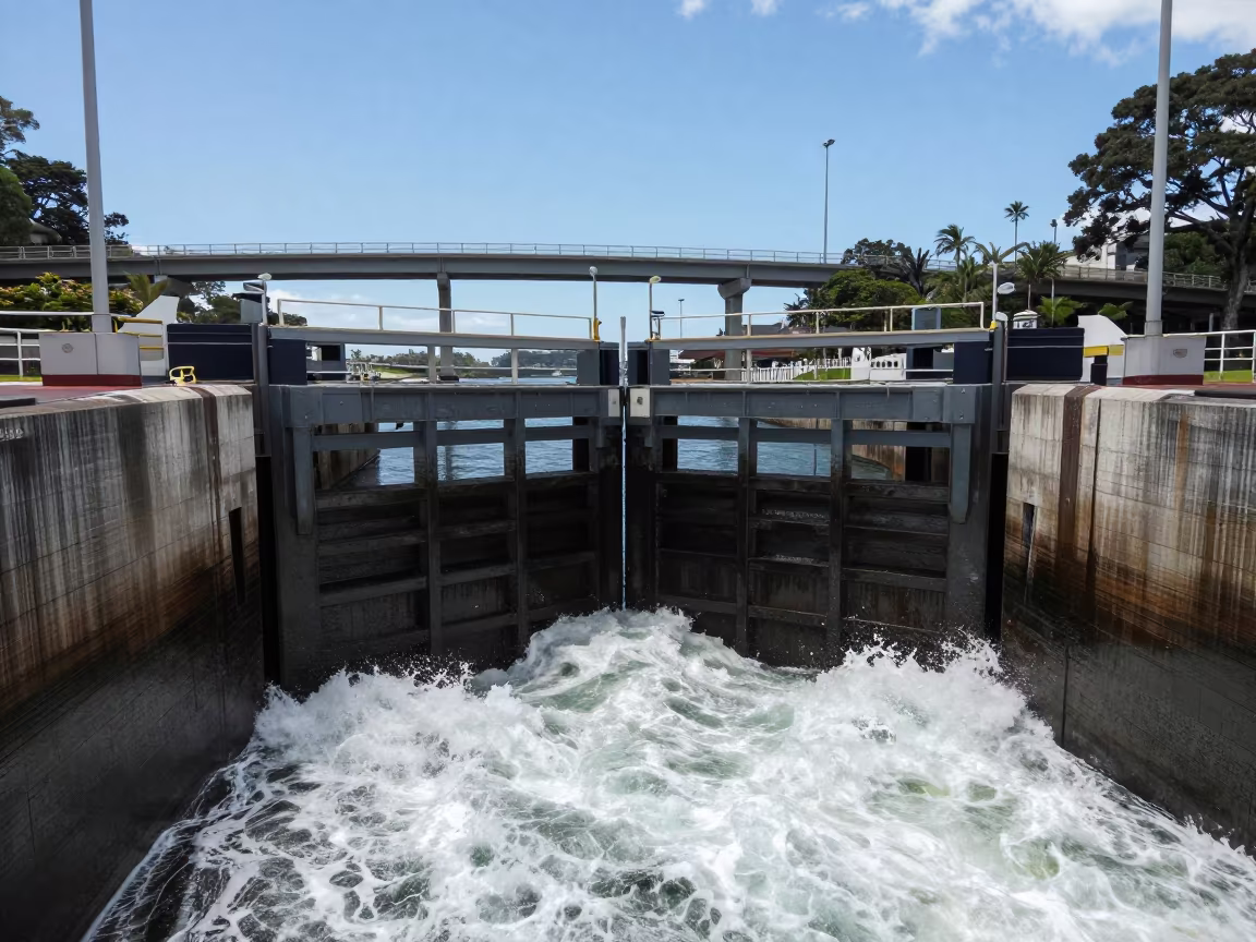 Canal Lock Gate Closing with Swirling Froth in across a windy overpass interchange near Sydney