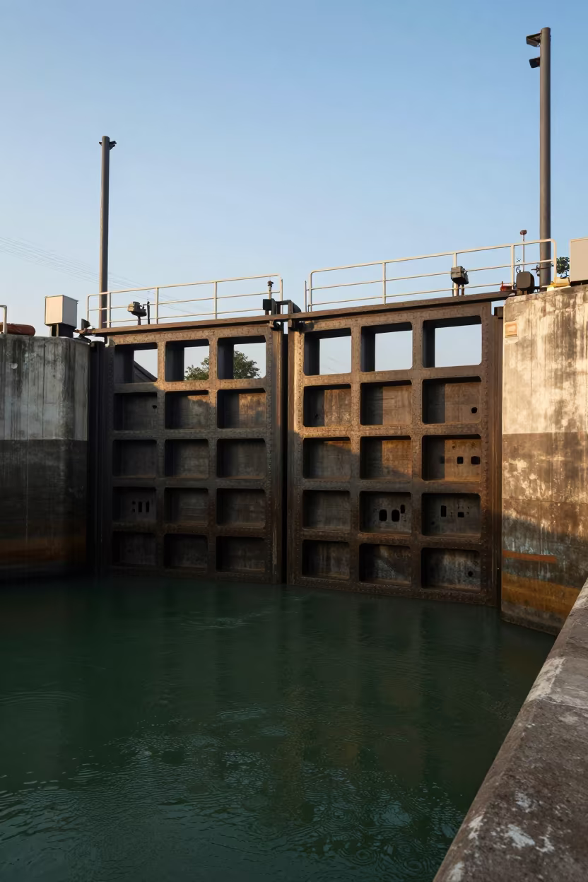 Canal Lock Gate at Dawn Near Mombasa in across a windy overpass interchange near Mombasa