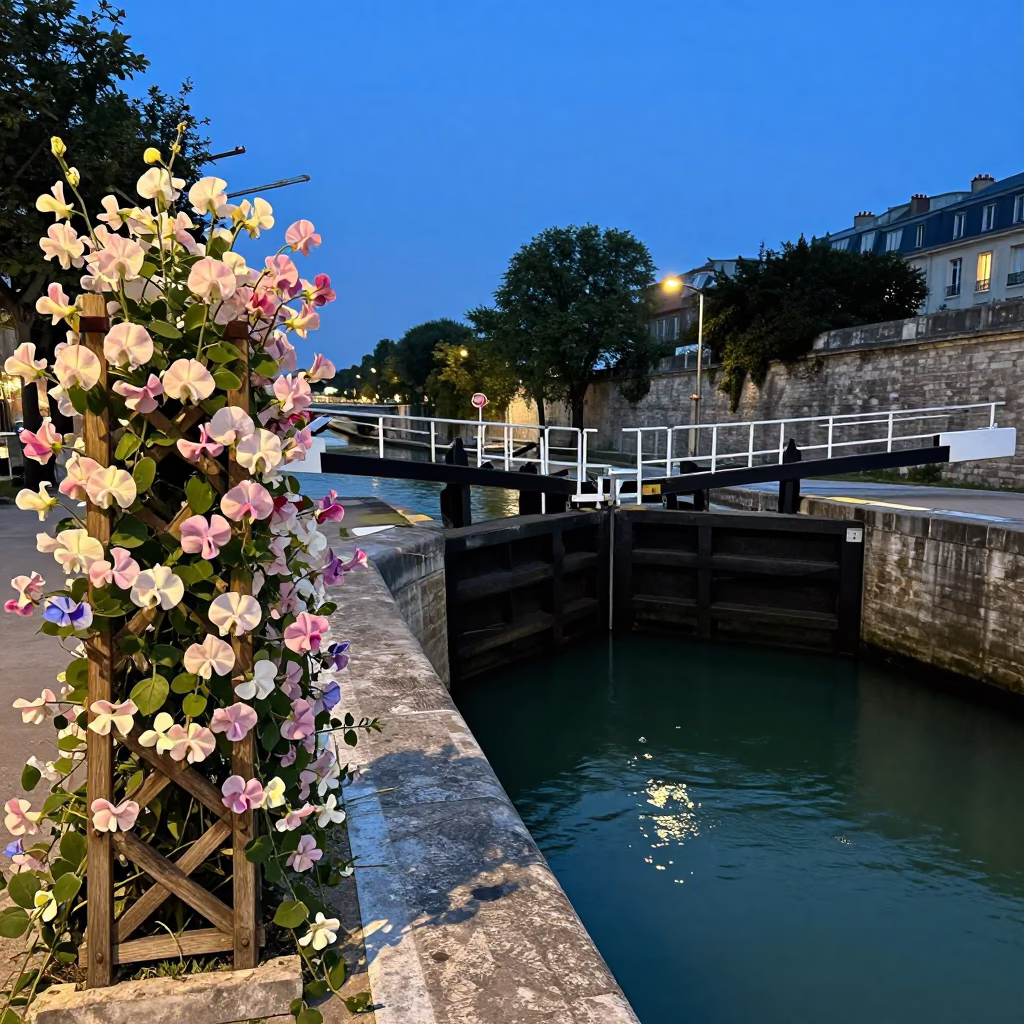 Canal Lock Gate in Paris at Twilight in in Paris, France