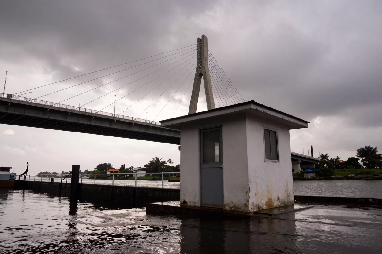Canal Lock Keeper Cabin Under Bridge at Dawn in under a cable-stayed bridge span near Bocagrande, Cartagena