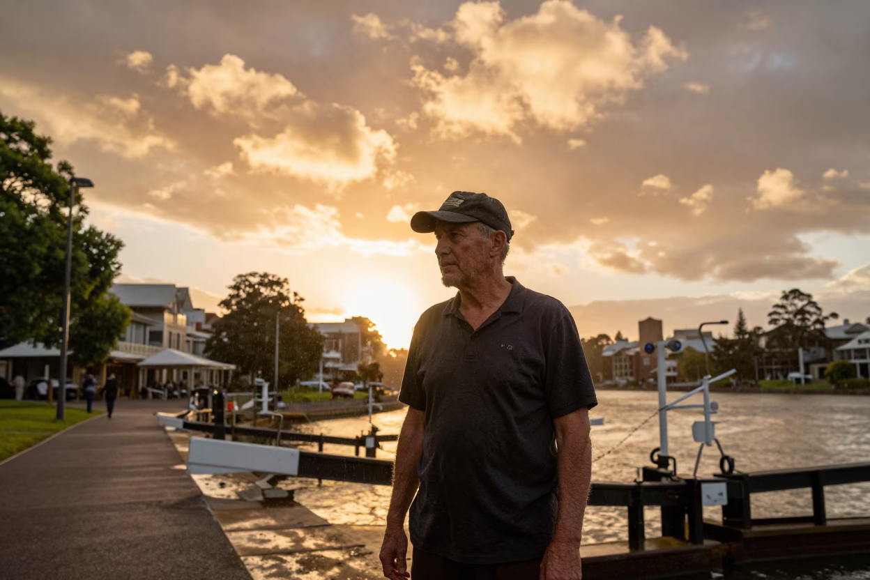Canal Lock Keeper Squinting in Amber Sunset in at the edge of a village square near Barangaroo, Sydney