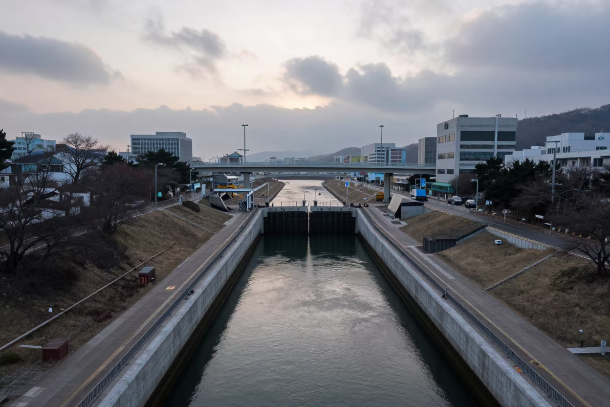 Canal Locks Under Overcast Dawn Sky in across a windy overpass interchange near Jagalchi, Busan