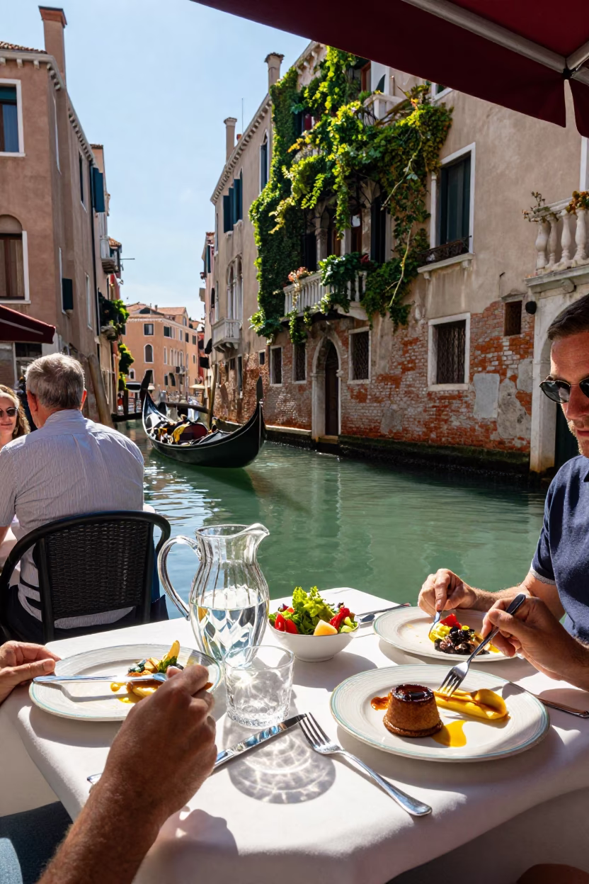 Canal Lunch in Venice at The Early Afternoon Light in in Venice, Italy