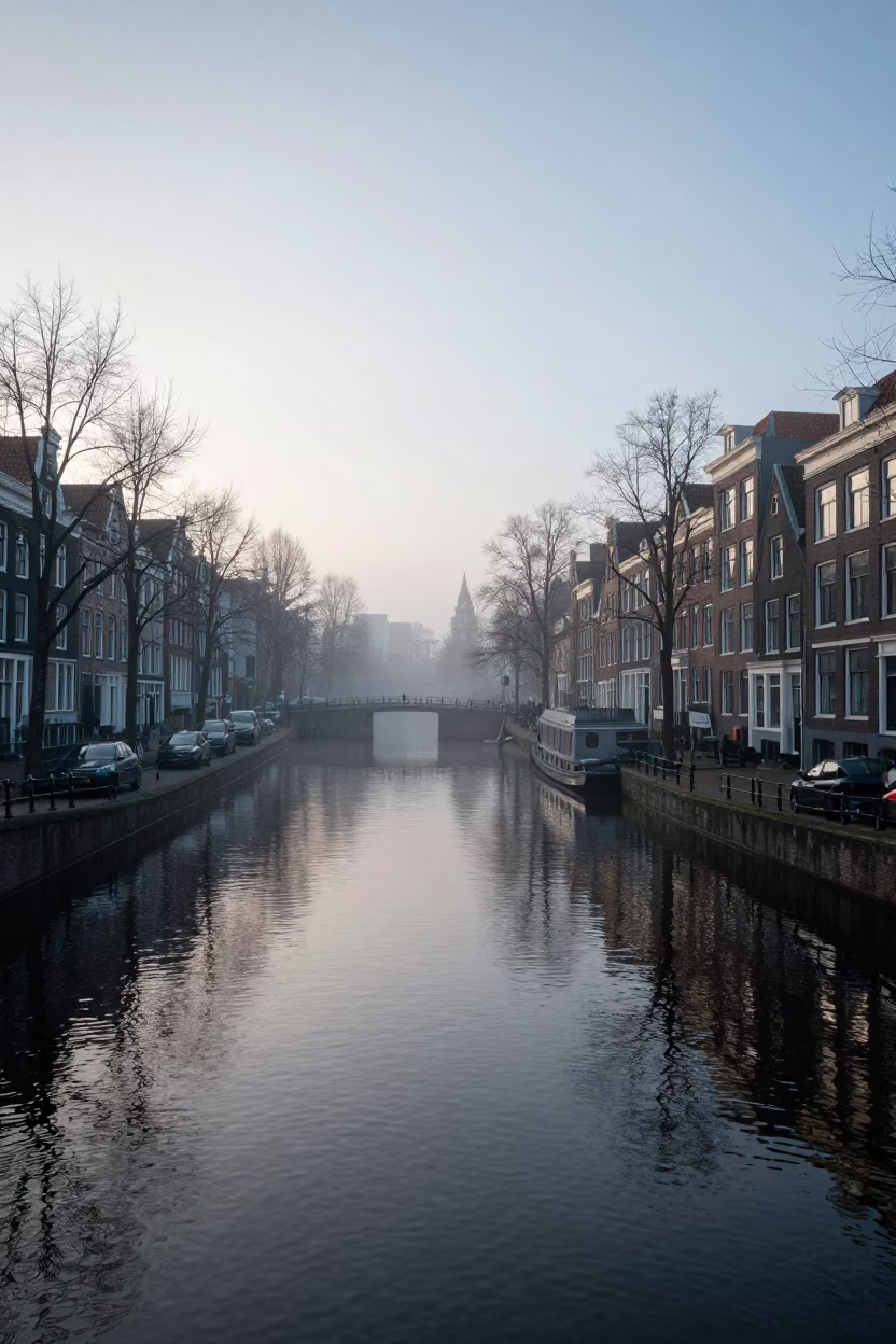 Canal Morning at Nautical Dawn Light in Amsterdam in in Amsterdam, Netherlands