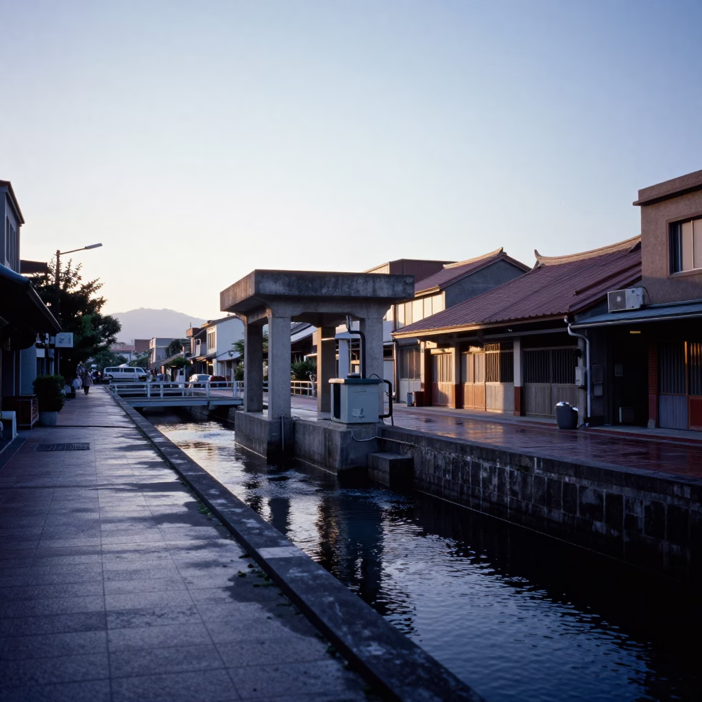 Canal Pumping Station And Early Morning Streets in Tainan in in Tainan, Taiwan