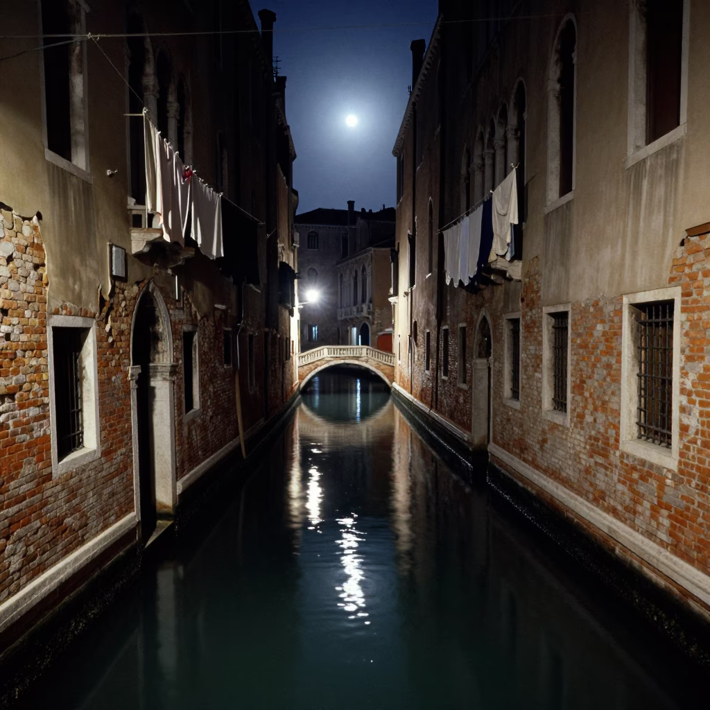 Canal Reflection in Venice at Midnight Light in in Venice, Italy