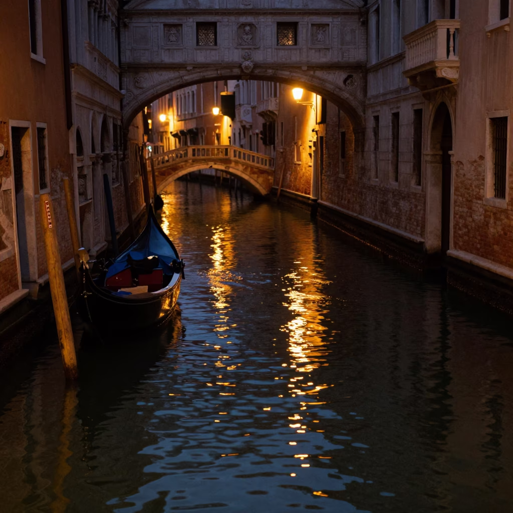 Canal Reflections at Deep In The Night Light in Venice in in Venice, Italy