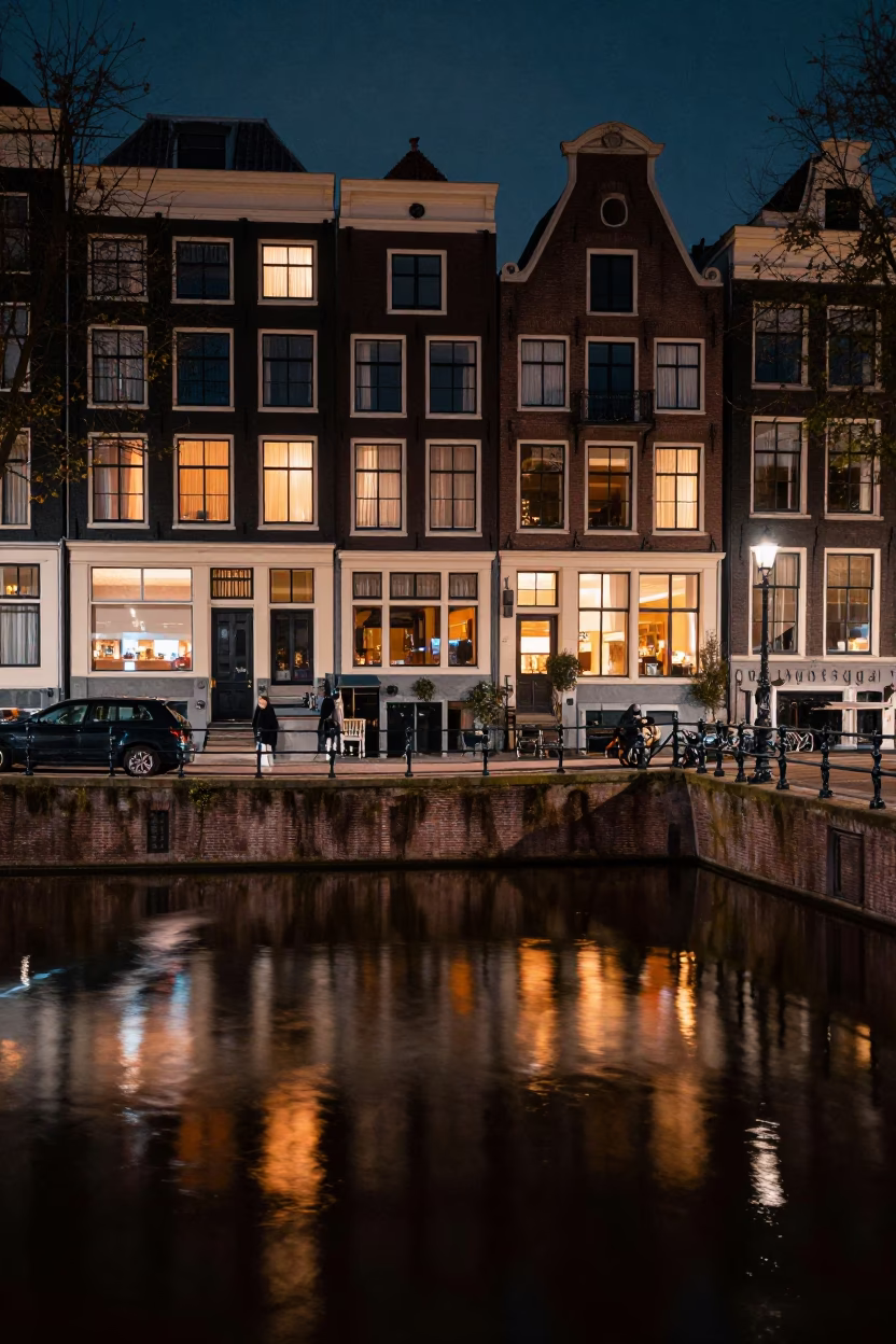 Canal Reflections in Amsterdam at Late At Night Light in in Amsterdam, Netherlands