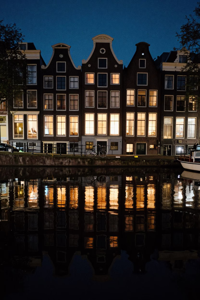 Canal Reflections in Amsterdam at Midnight Light in in Amsterdam, Netherlands
