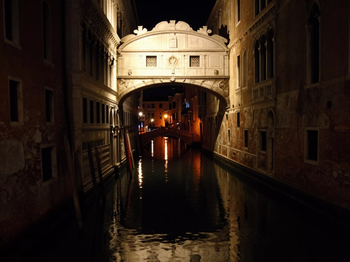 Canal Reflections in Venice at Late At Night Light in in Venice, Italy