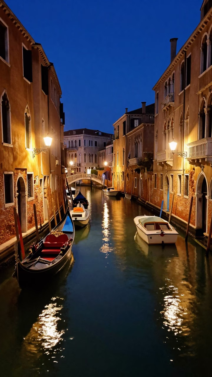 Canal Reflections in Venice at Midnight Light in in Venice, Italy