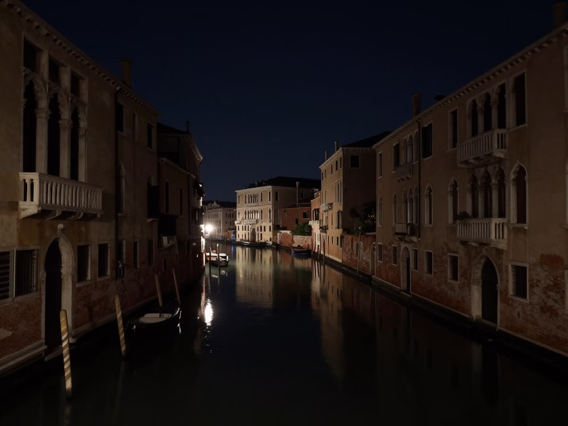 Canal Reflections in Venice at The Deepest Night Sky Light in in Venice, Italy