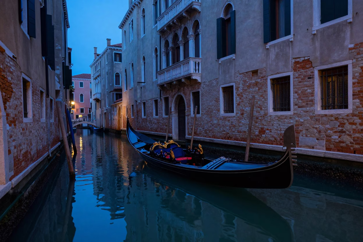 Canal Reflections in Venice at The Last Blue Light Of Evening in in Venice, Italy