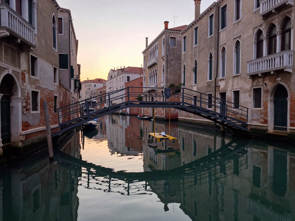 Canal Reflections in Venice at The Still Hours Before Dawn Light in in Venice, Italy