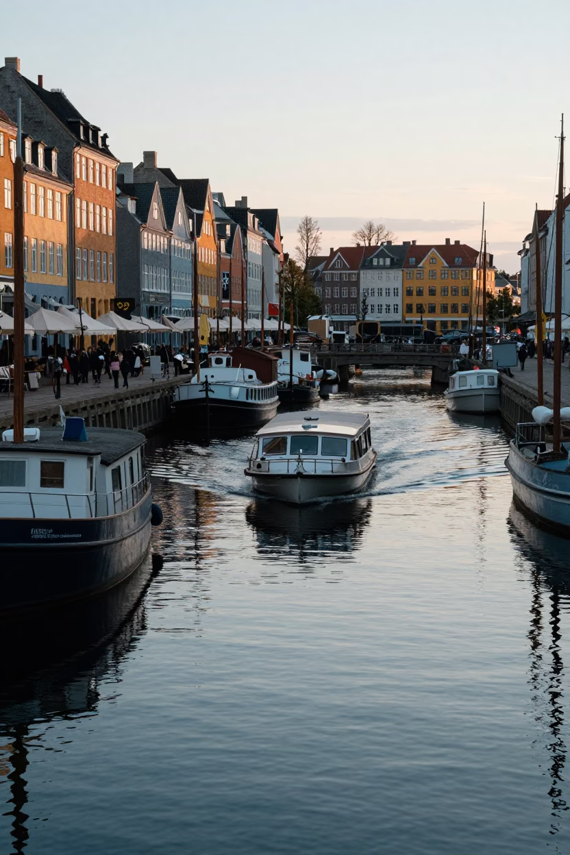 Canal Scene at Sunrise Light in Copenhagen in in Copenhagen, Denmark