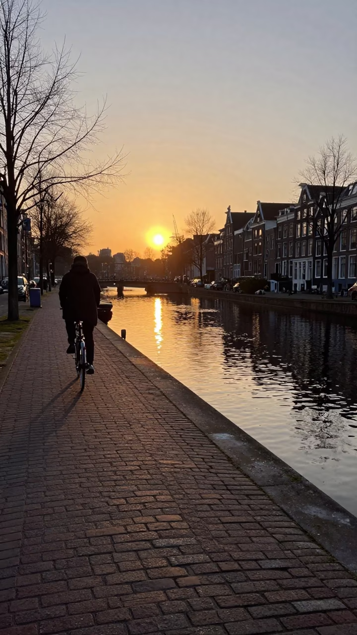 Canal Scene in Amsterdam at As The Sun Drops Toward The Horizon in in Amsterdam, Netherlands