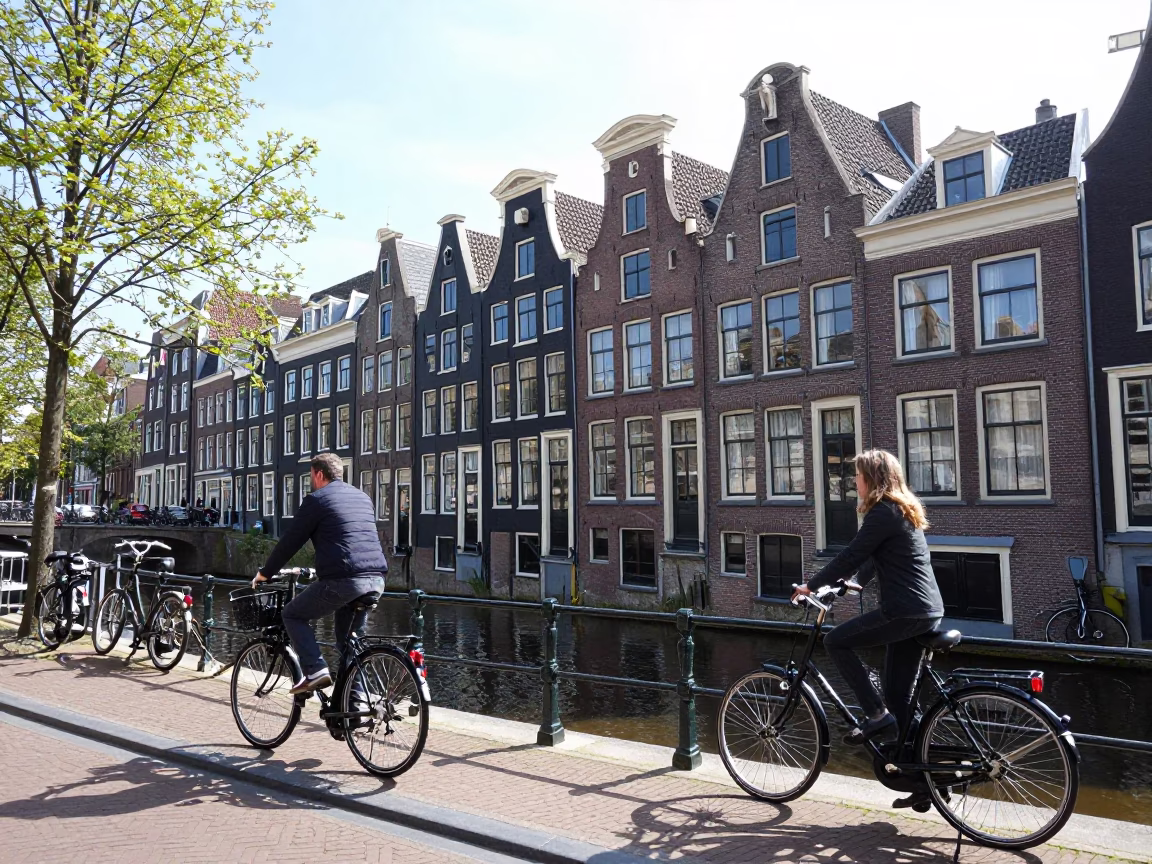 Canal Scene in Amsterdam at Bright Midmorning Light in in Amsterdam, Netherlands