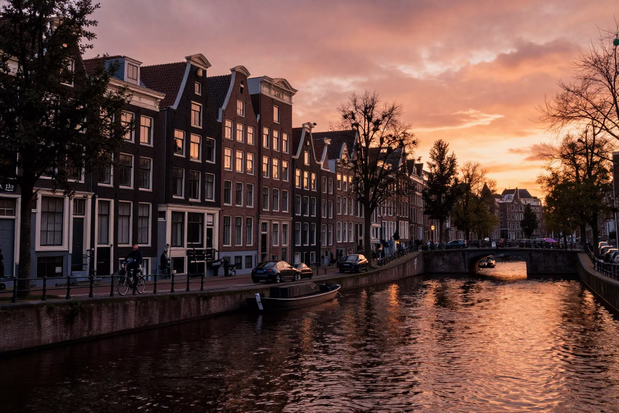 Canal Scene in Amsterdam at Copper-toned Light Before Dusk in in Amsterdam, Netherlands