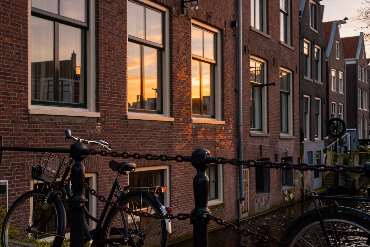 Canal Scene in Amsterdam at Golden Hour in in Amsterdam, Netherlands