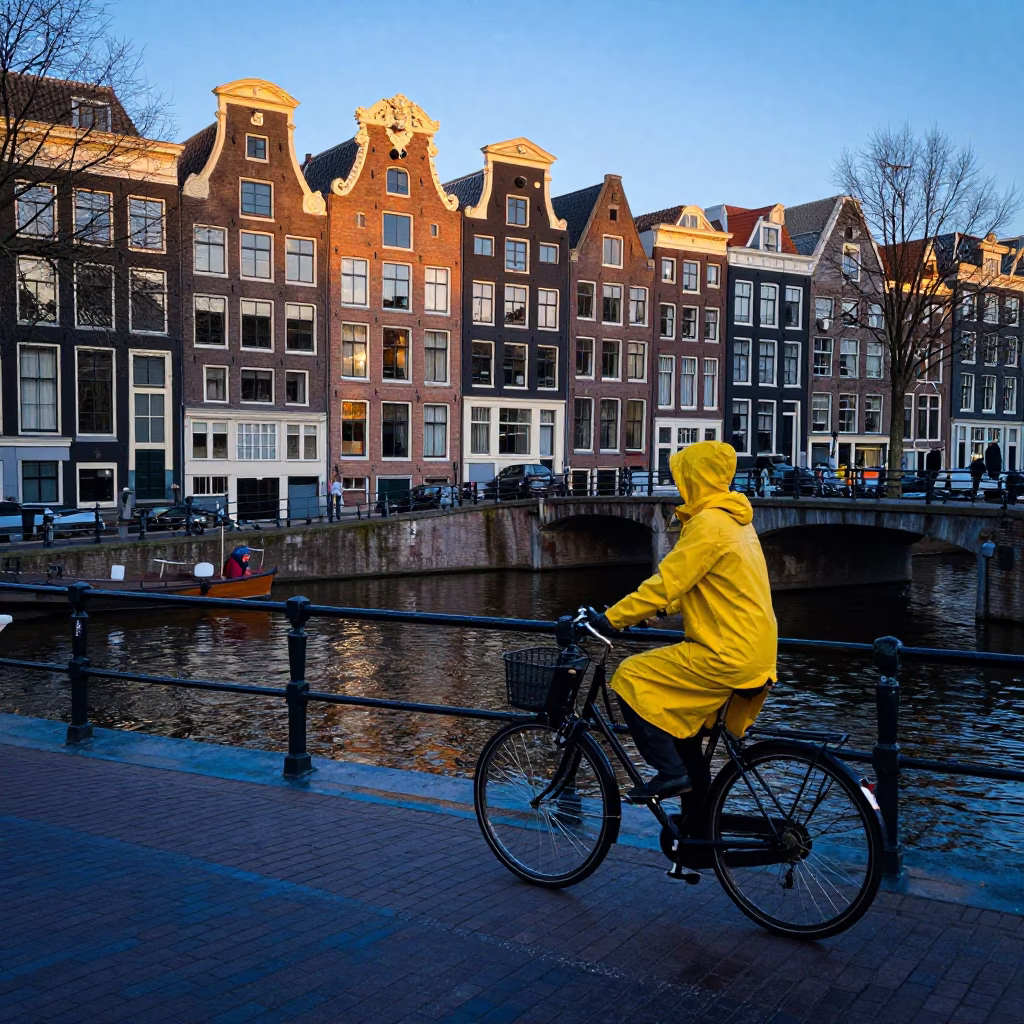 Canal Scene in Amsterdam at Nautical Dawn Light in in Amsterdam, Netherlands