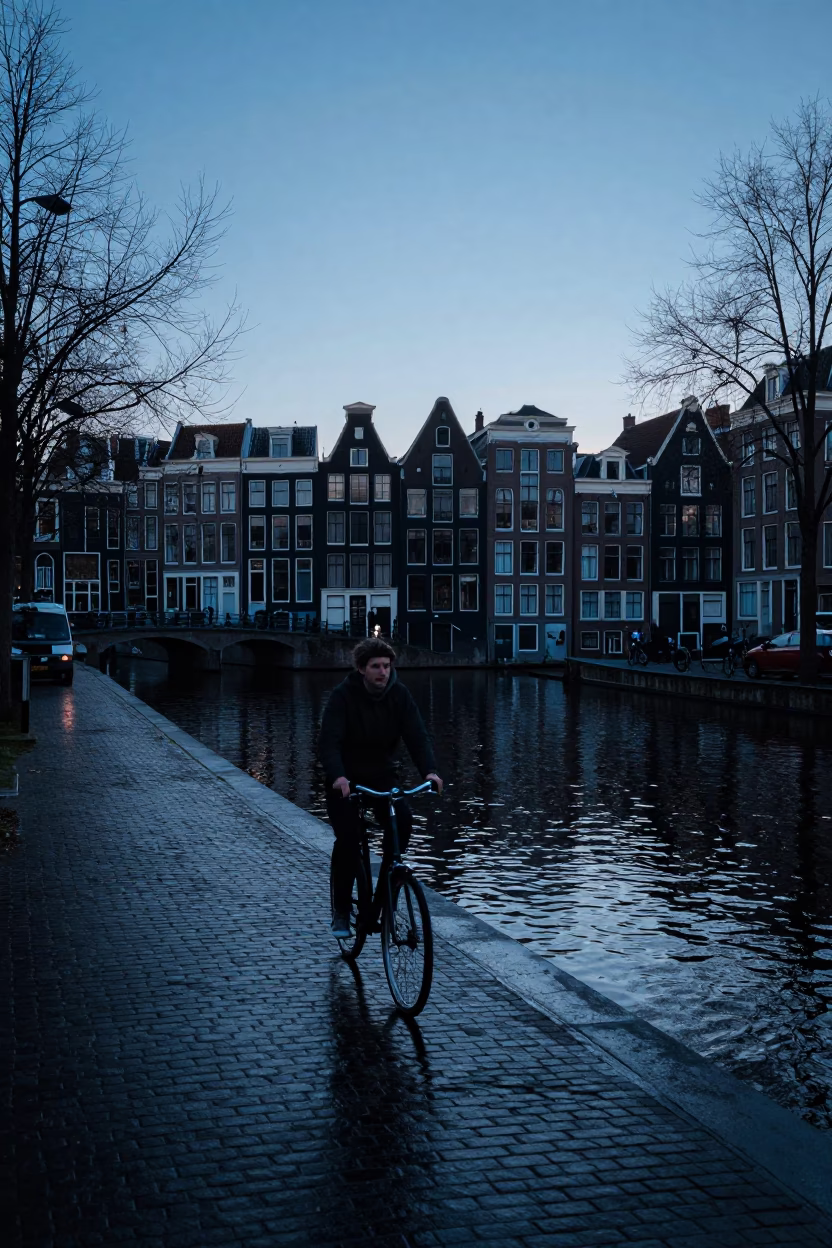 Canal Scene in Amsterdam at Sunrise Light in in Amsterdam, Netherlands