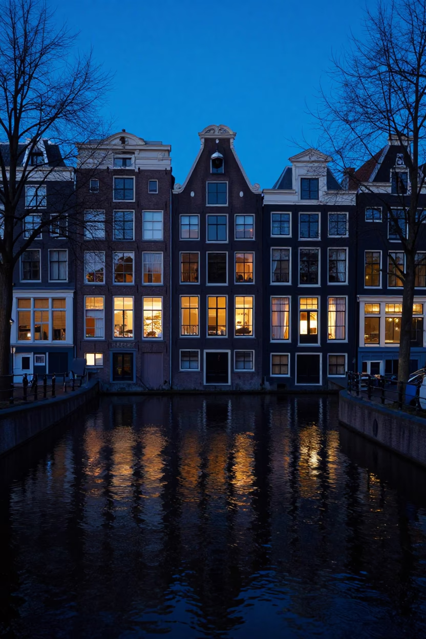 Canal Scene in Amsterdam at The Last Blue Light Of Evening in in Amsterdam, Netherlands