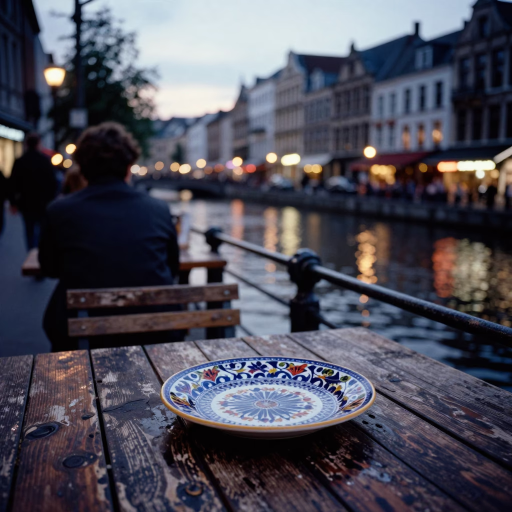 Canal Scene in Brussels at As City Lights Begin To Glow in in Brussels, Belgium