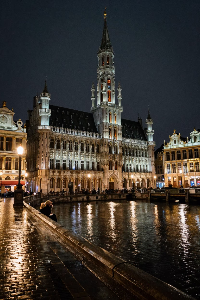 Canal Scene in Brussels at Deep In The Night Light in in Brussels, Belgium