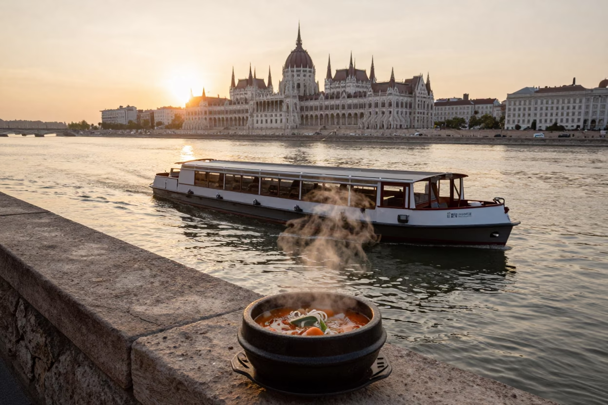 Canal Scene in Budapest at Honeyed Evening Light in in Budapest, Hungary