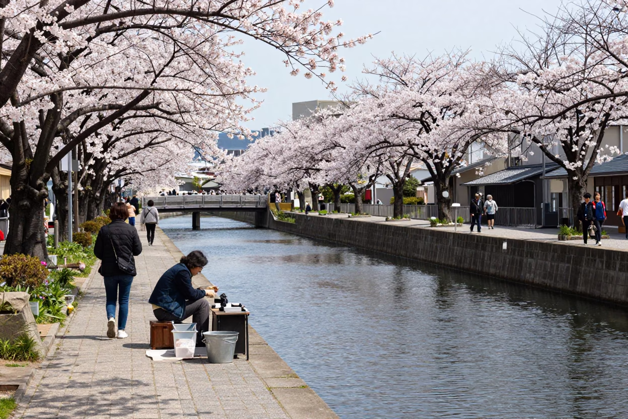 Canal Scene in Fukuoka at Midday Light in in Fukuoka, Japan