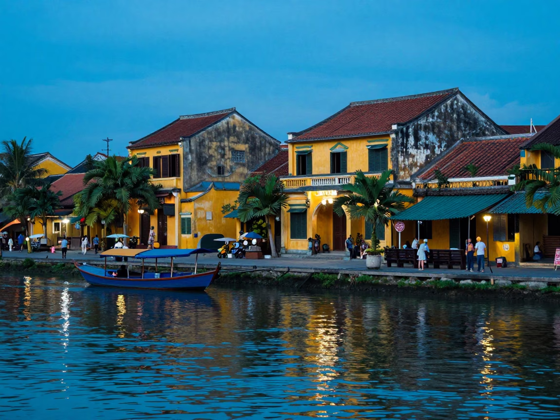 Canal Scene in Hoi An at The Last Blue Light Of Evening in in Hoi An, Vietnam