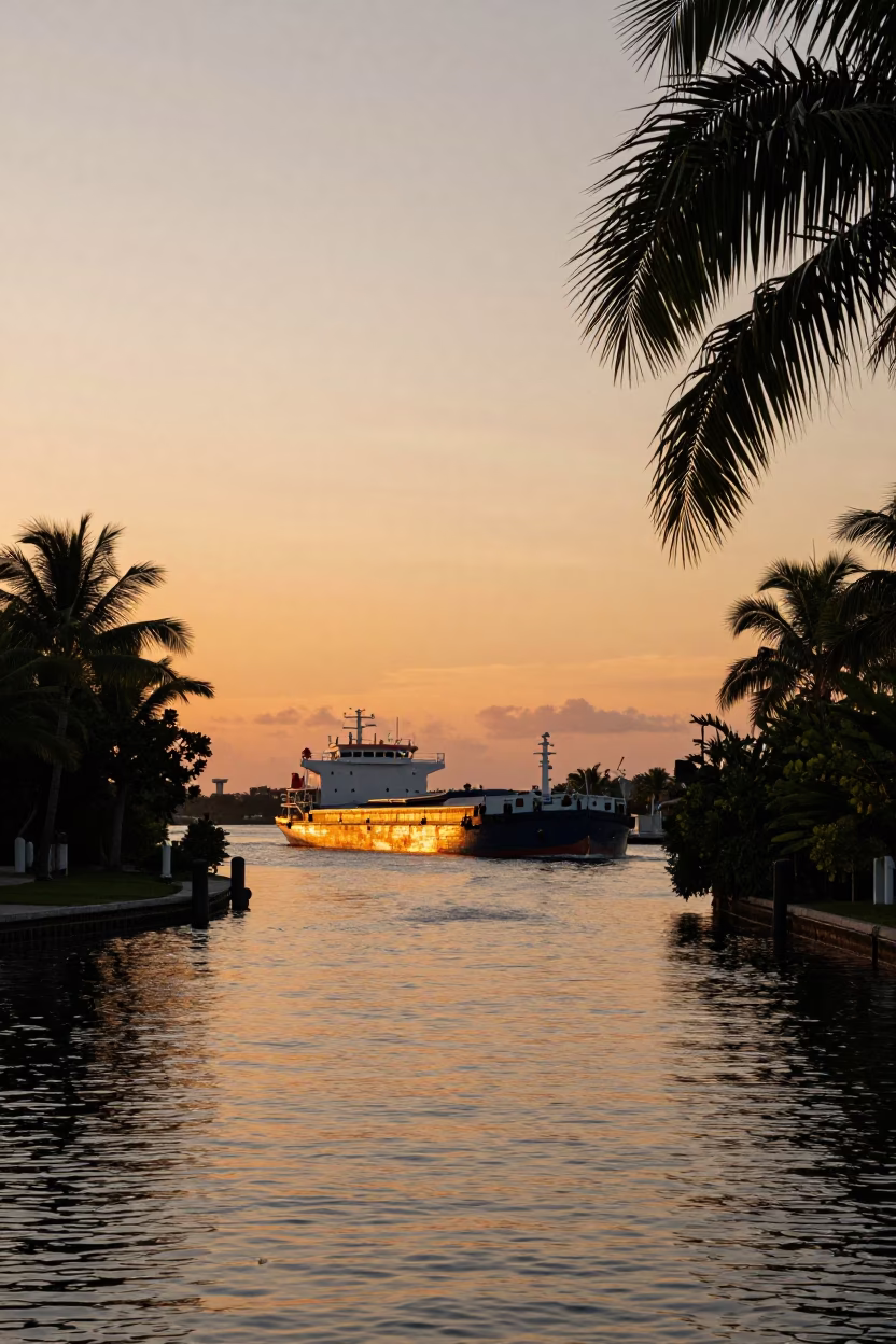 Canal Scene in Miami at Sunset Light in in Miami, Florida, United States