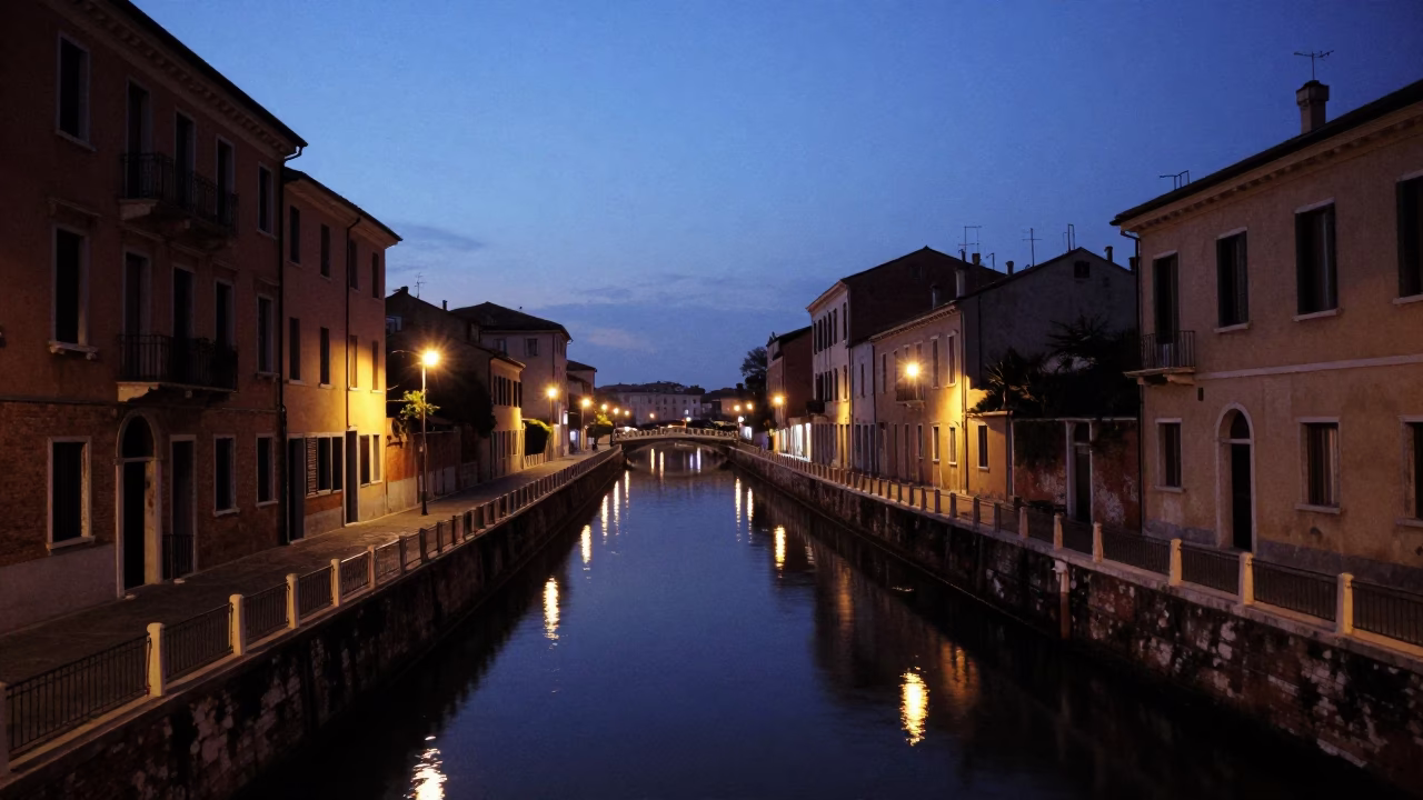 Canal Scene in Milan at The Still Hours Before Dawn Light in in Milan, Italy