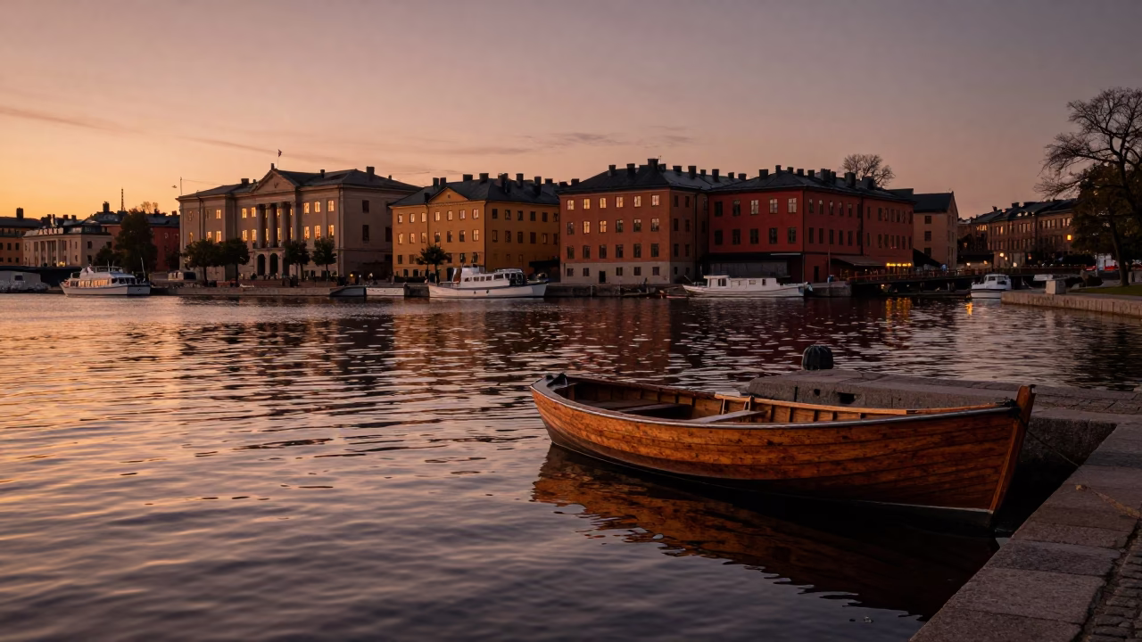 Canal Scene in Stockholm at Copper-toned Light Before Dusk in in Stockholm, Sweden