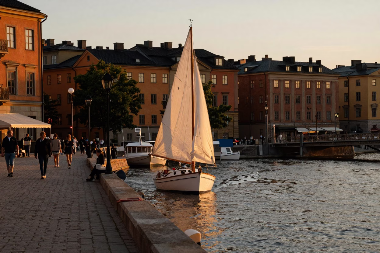 Canal Scene in Stockholm at Honeyed Evening Light in in Stockholm, Sweden