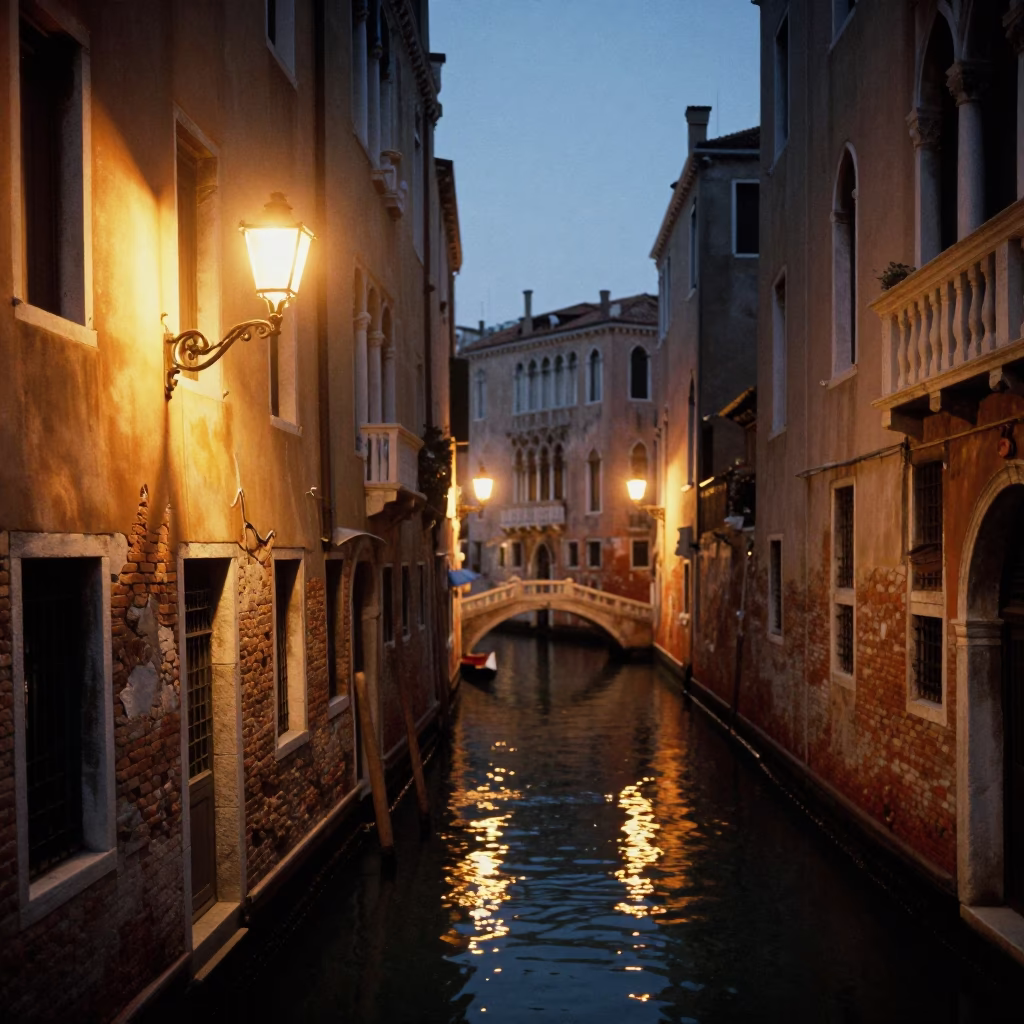 Canal Scene in Venice at As City Lights Begin To Glow in in Venice, Italy
