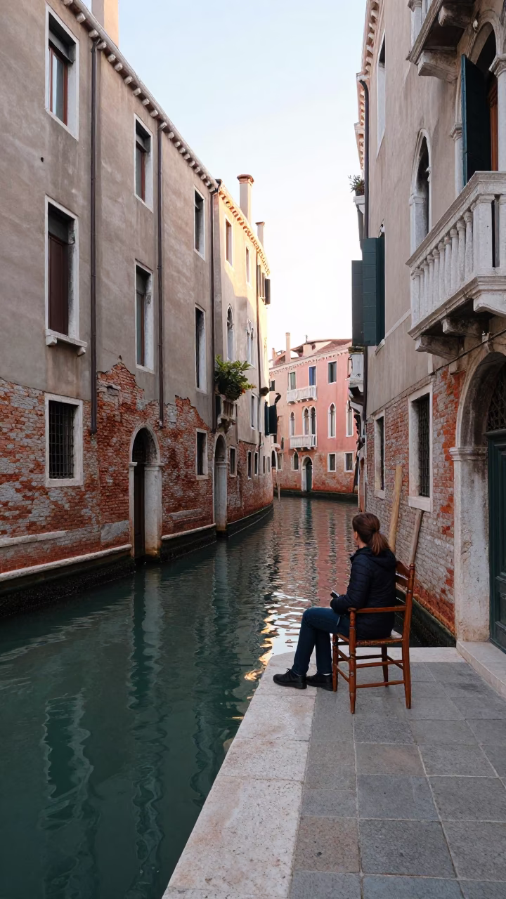 Canal Scene in Venice at As First Light Reaches The Scene in in Venice, Italy
