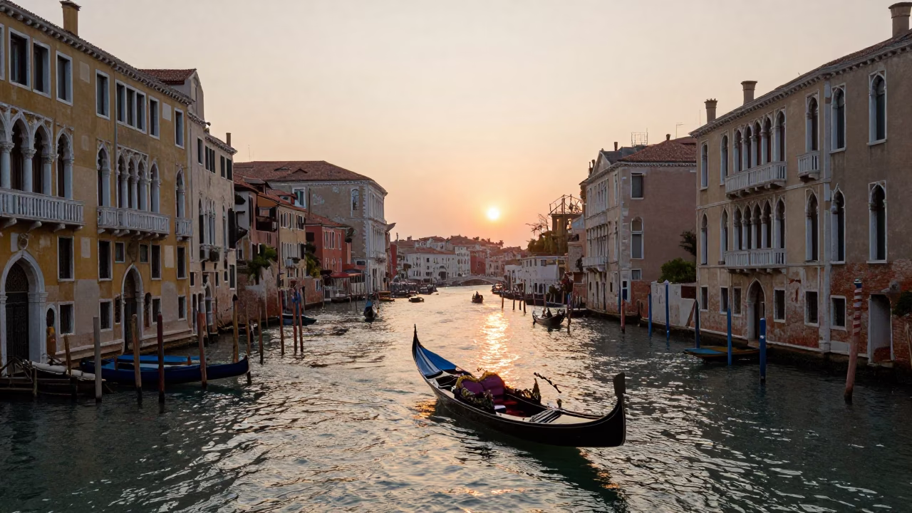 Canal Scene in Venice at As The Sun Drops Toward The Horizon in in Venice, Italy