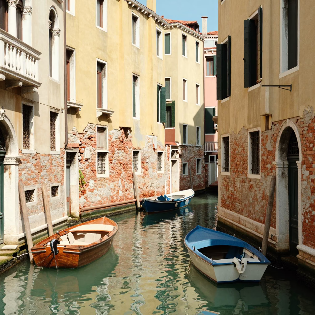 Canal Scene in Venice at Bright Midmorning Light in in Venice, Italy