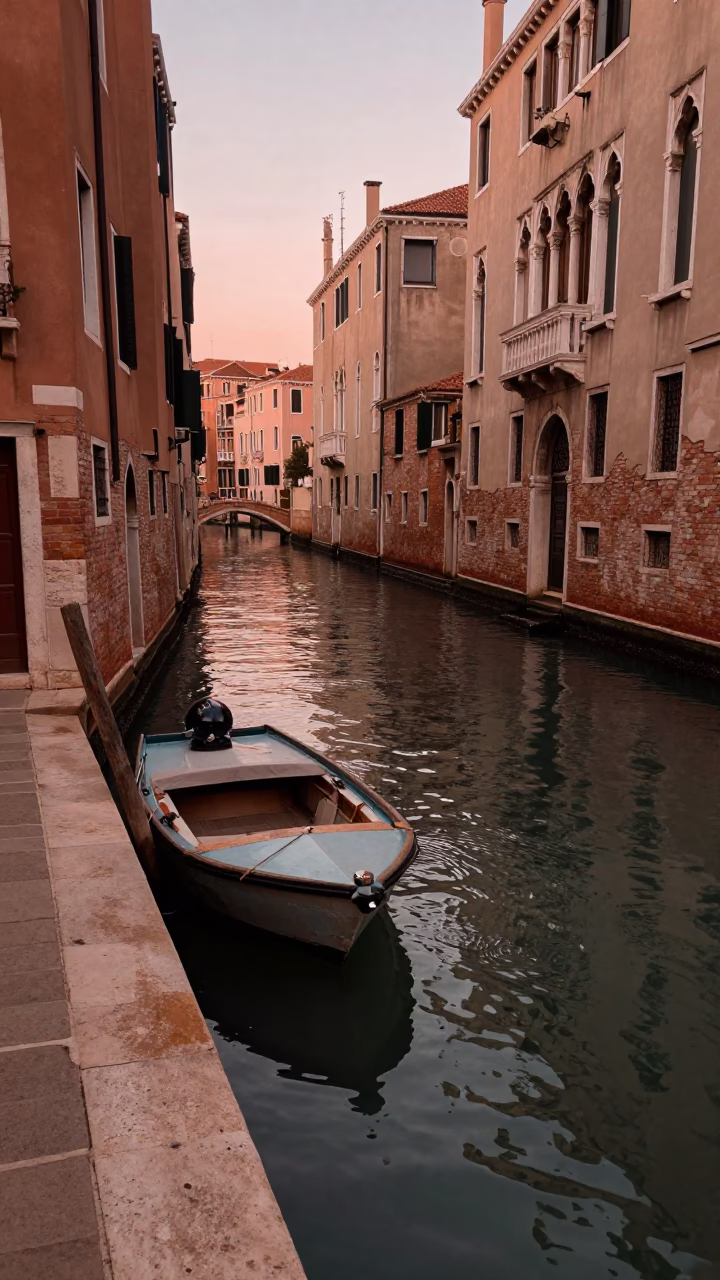 Canal Scene in Venice at Copper-toned Light Before Dusk in in Venice, Italy