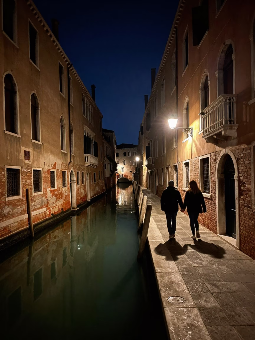 Canal Scene in Venice at Deep In The Night Light in in Venice, Italy