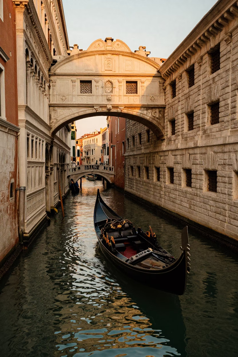 Canal Scene in Venice at Honeyed Evening Light in in Venice, Italy