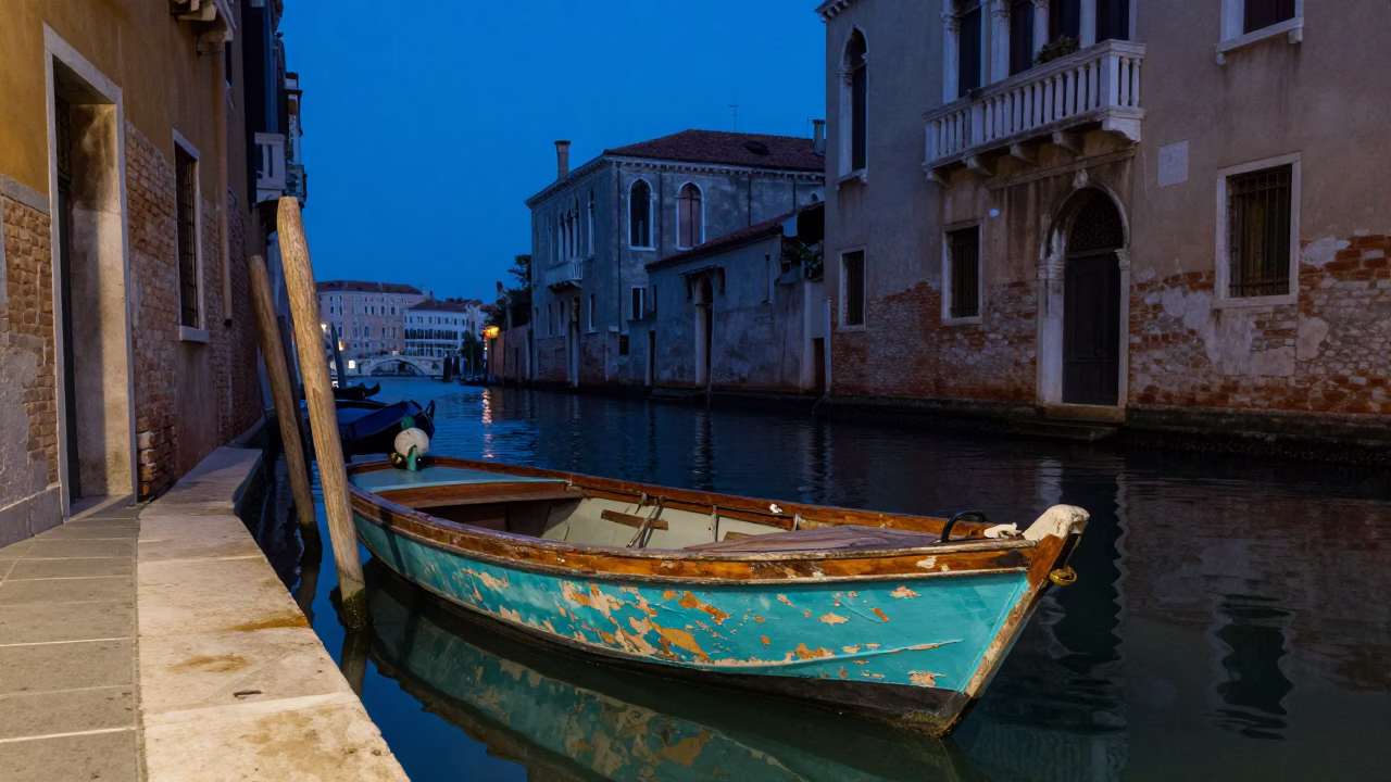 Canal Scene in Venice at Indigo Twilight After Sunset in in Venice, Italy