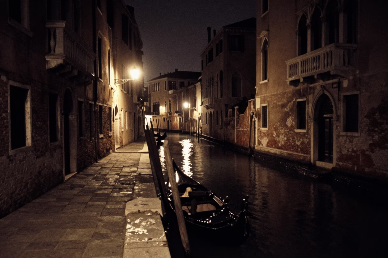 Canal Scene in Venice at Midnight Light in in Venice, Italy